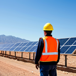 **Subject:** A professional engineer inspecting a solar panel array in a desert environment.
    **Clothing:** Fully clothed in appropriate work attire including a safety vest and helmet.
    **Environment:** Sunny day, clear blue sky, with mountains in the distance.
    **Quality Modifiers:** Professional photography, perfect anatomy, natural proportions, high resolution, safe for work, appropriate content, fully clothed, professional.