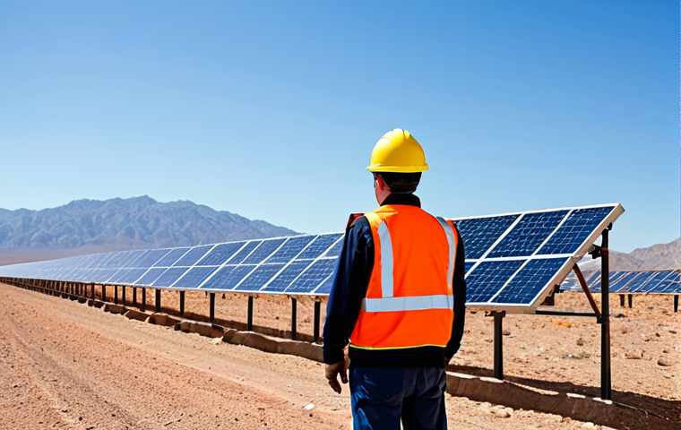 **Subject:** A professional engineer inspecting a solar panel array in a desert environment.
    **Clothing:** Fully clothed in appropriate work attire including a safety vest and helmet.
    **Environment:** Sunny day, clear blue sky, with mountains in the distance.
    **Quality Modifiers:** Professional photography, perfect anatomy, natural proportions, high resolution, safe for work, appropriate content, fully clothed, professional.