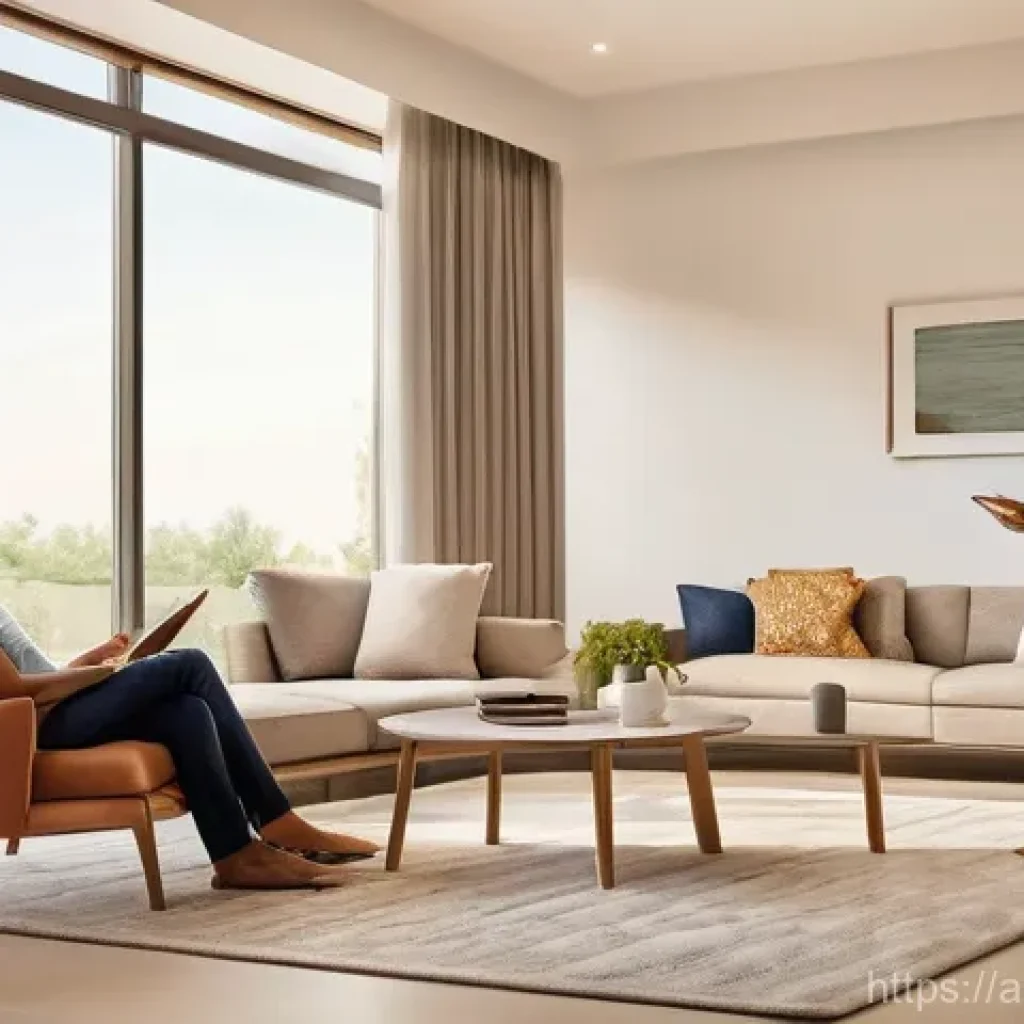 에너지 효율 컨설팅 사례 - A warm and inviting scene inside a modern Arabian living room, featuring a family of three – a fathe...