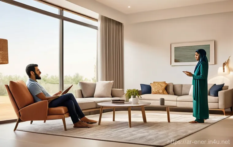 에너지 효율 컨설팅 사례 - A warm and inviting scene inside a modern Arabian living room, featuring a family of three – a fathe...