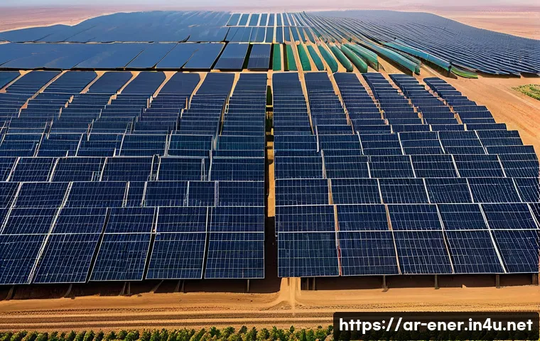 에너지 설비 설계 기술 노하우 - **Sustainable Desert Farm with Hybrid Renewable Energy**
    A wide, serene landscape shot of a sust...