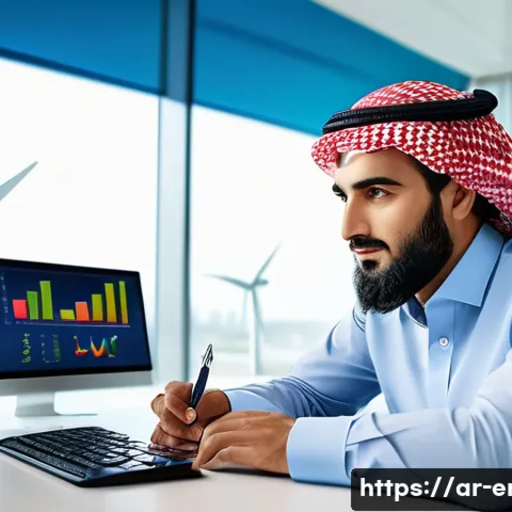 에너지기술 이직 시 고려사항 - A professional Middle Eastern man in business casual attire, sitting at a modern desk with dual moni...