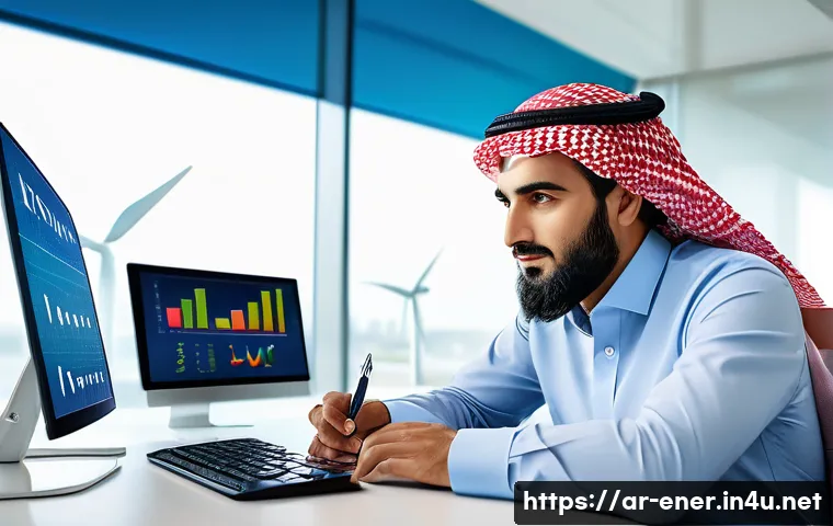 에너지기술 이직 시 고려사항 - A professional Middle Eastern man in business casual attire, sitting at a modern desk with dual moni...