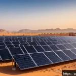 에너지기술 실무 기술서 리뷰 - A modern solar energy farm in an arid Middle Eastern landscape during golden hour, featuring cutting...