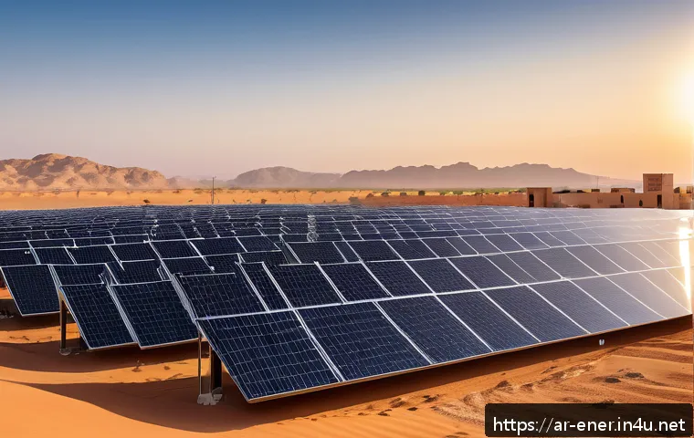 에너지기술 실무 기술서 리뷰 - A modern solar energy farm in an arid Middle Eastern landscape during golden hour, featuring cutting...